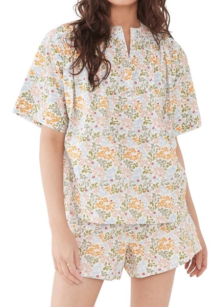 shirred mission top in blue multi