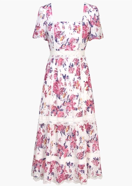freija lace inset printed midi dress in pink