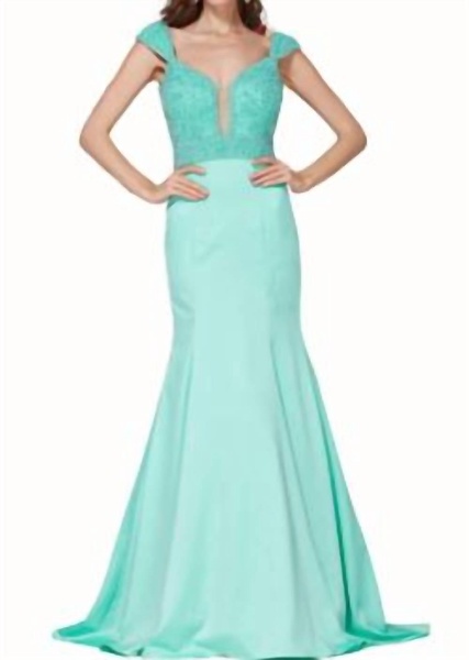 satin beaded gown in aqua