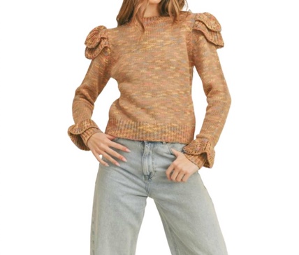 ruffled shoulder mix knit sweater in camel