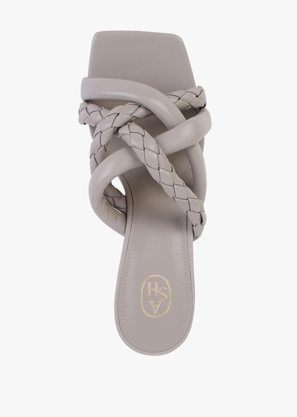 Mina Bis Pearl Grey Leather Woven Heeled Mules