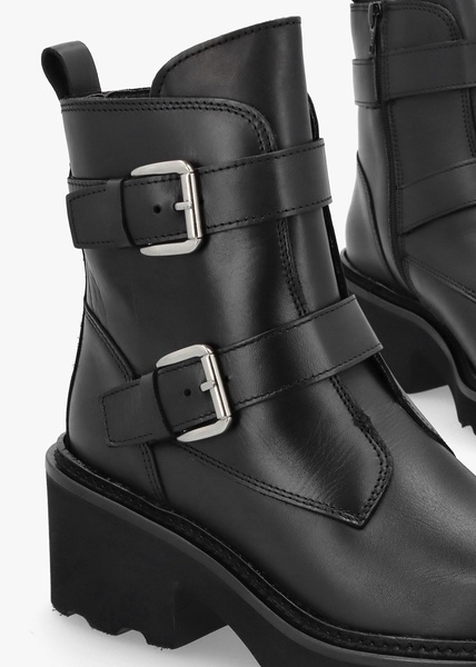 Arose Black Leather Double Buckle Ankle Boots