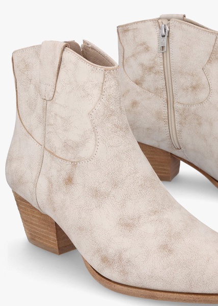 Fame Beige White Leather Western Ankle Boots