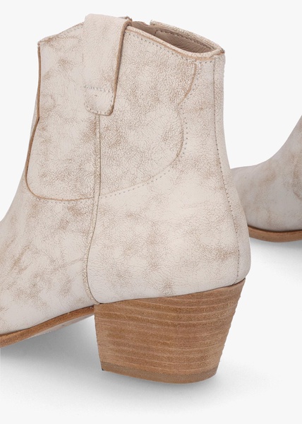 Fame Beige White Leather Western Ankle Boots