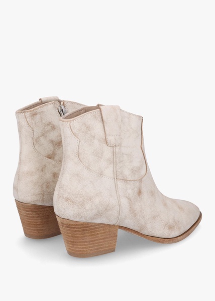 Fame Beige White Leather Western Ankle Boots