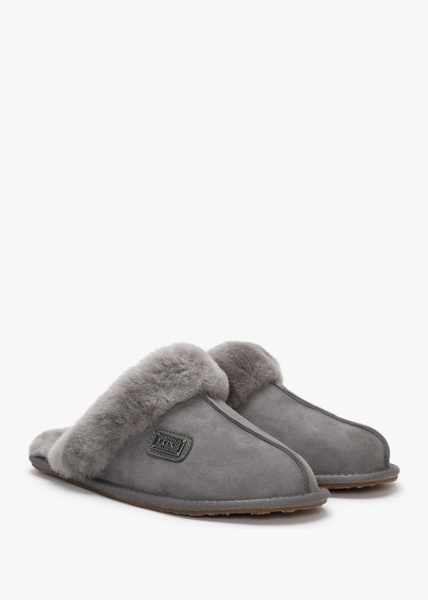 Grey Double-Face Sheepskin Closed Mule Slippers