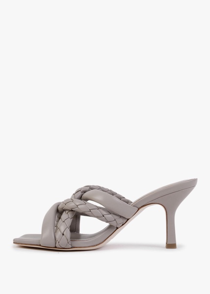 Mina Bis Pearl Grey Leather Woven Heeled Mules