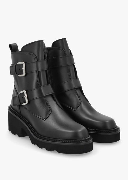 Arose Black Leather Double Buckle Ankle Boots