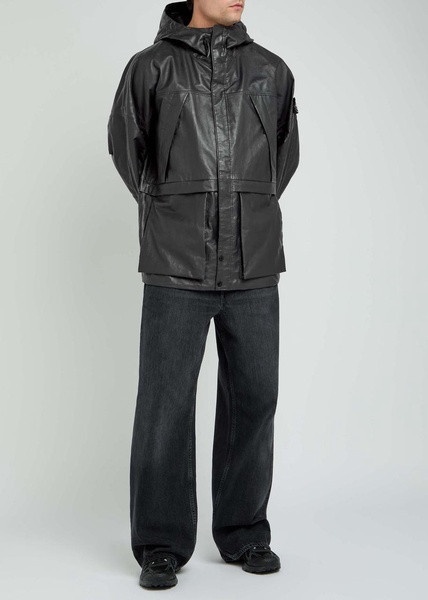 Logo panelled hooded leather jacket