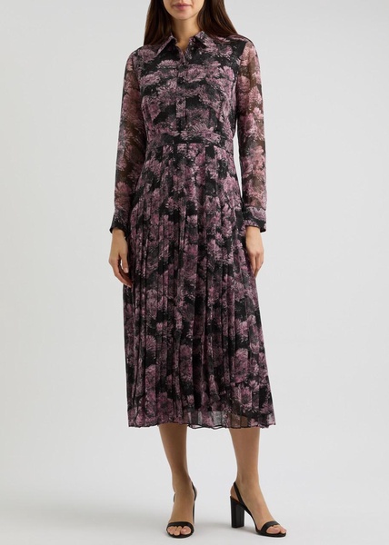 Printed pleated silk shirt dress