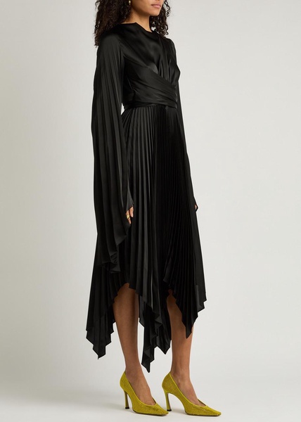 Pleated wrap-effect satin midi dress