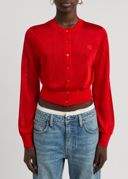 Logo-embroidered cropped fine-knit cardigan