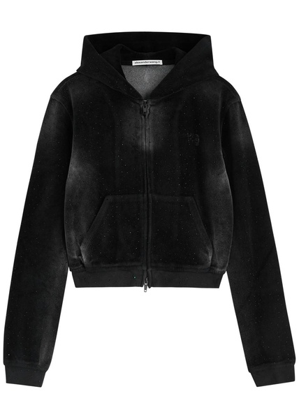 Faded crystal-embellished hooded velour sweatshirt