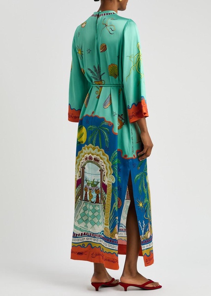 Surrealist printed silk-satin maxi dress