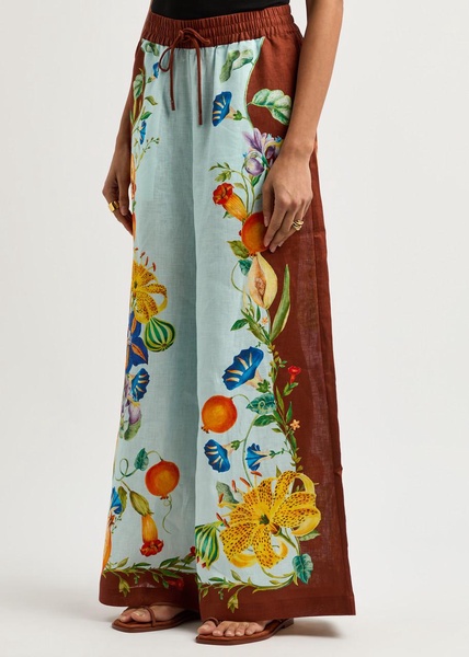 Dahlia printed wide-leg flax trousers