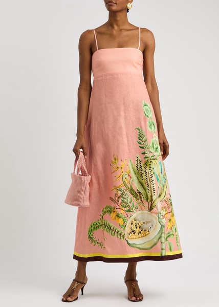 Papaya floral-print flax midi dress