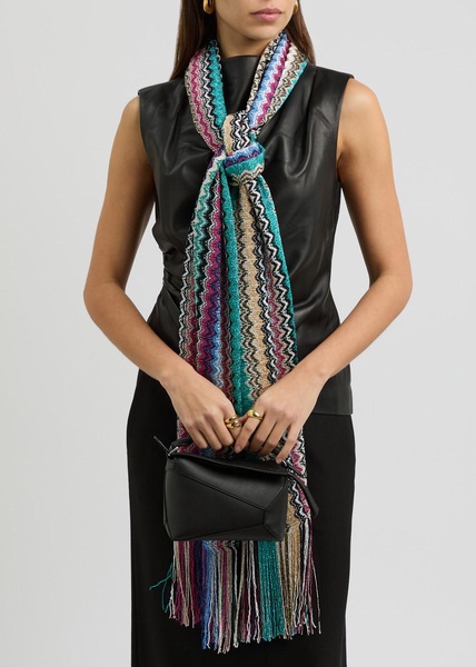 Zigzag-intarsia metallic-knit scarf 