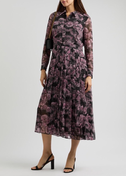Printed pleated silk shirt dress