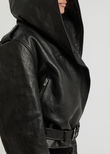 Hooded leather biker jacket