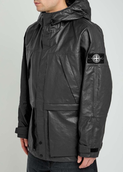 Logo panelled hooded leather jacket