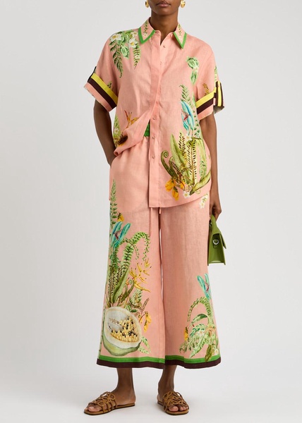 Papaya floral-print flax trousers