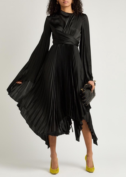 Pleated wrap-effect satin midi dress