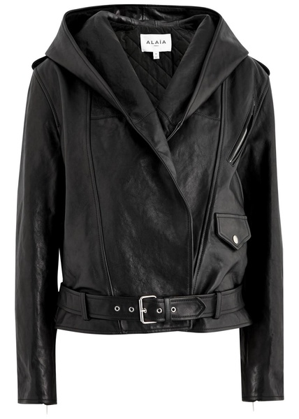 Hooded leather biker jacket