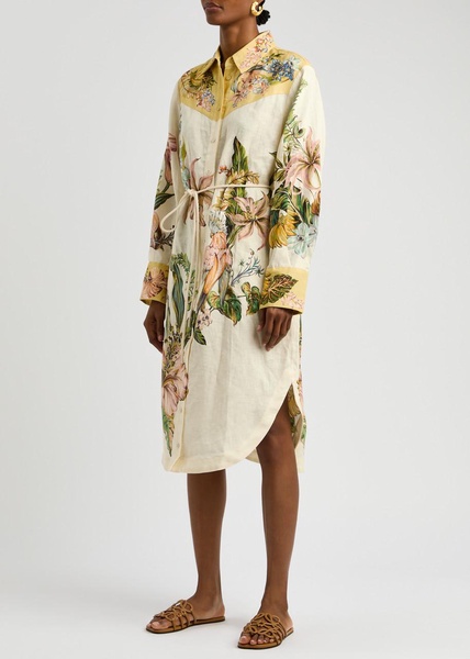 Oleander printed flax midi shirt dress