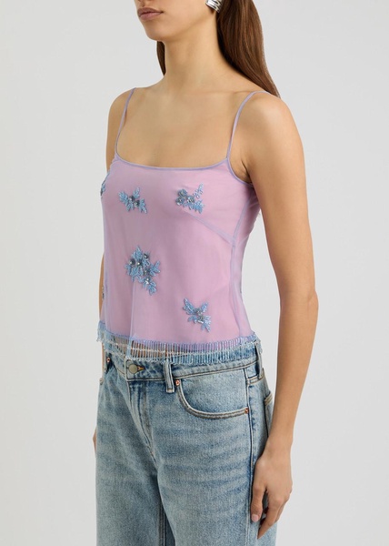 Floral-embellished tulle top 