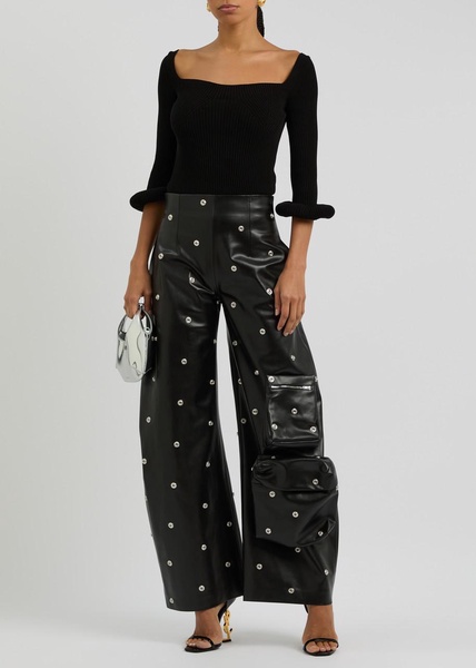 Stud-embellished faux leather trousers