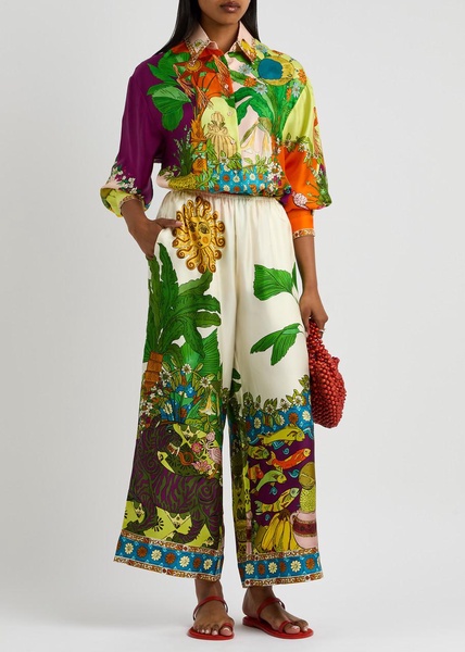 Tiger printed wide-leg silk trousers