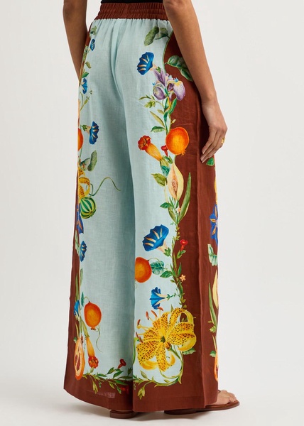 Dahlia printed wide-leg flax trousers