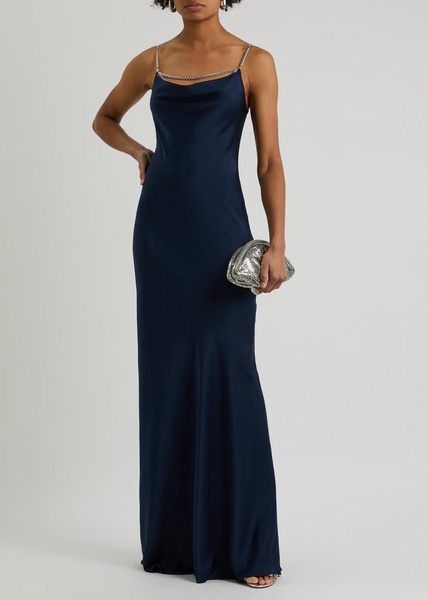 Chain-embellished satin maxi slip dress 