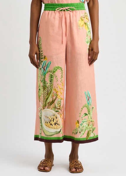 Papaya floral-print flax trousers