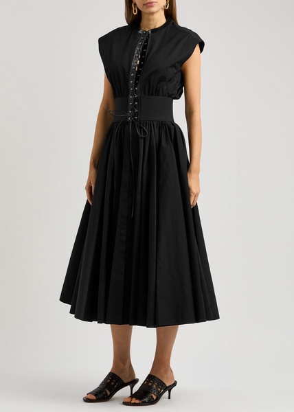 Leather-trimmed cotton maxi dress