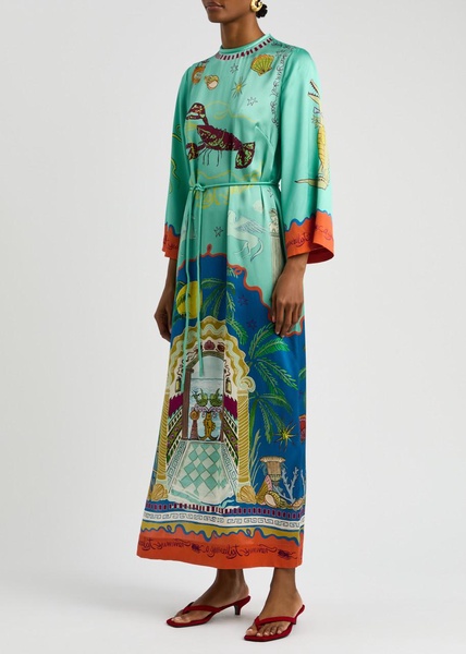Surrealist printed silk-satin maxi dress
