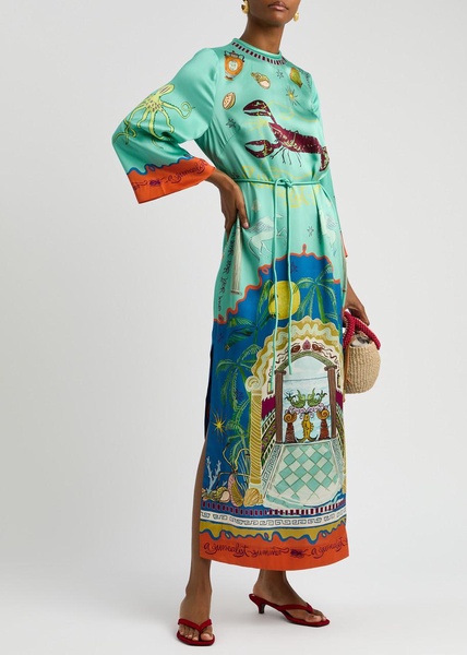 Surrealist printed silk-satin maxi dress