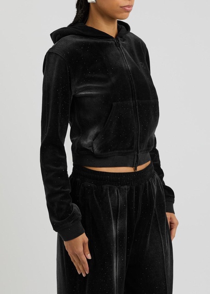 Faded crystal-embellished hooded velour sweatshirt