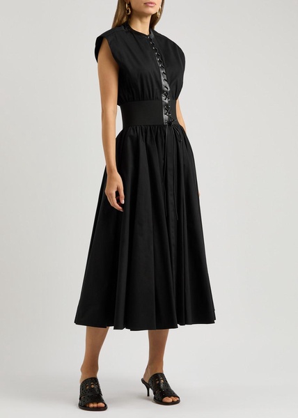 Leather-trimmed cotton maxi dress