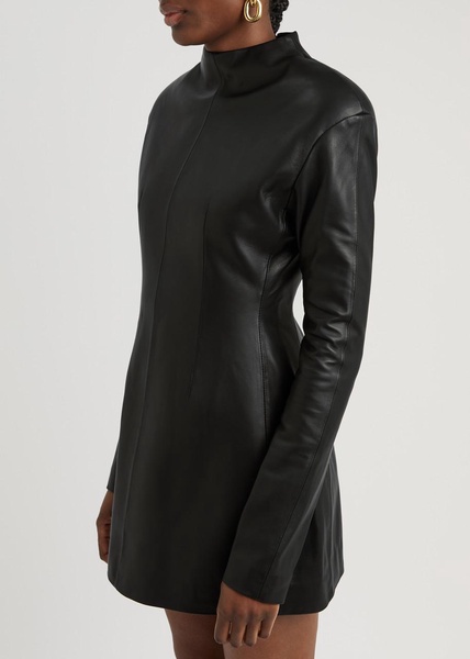 High-neck leather mini dress