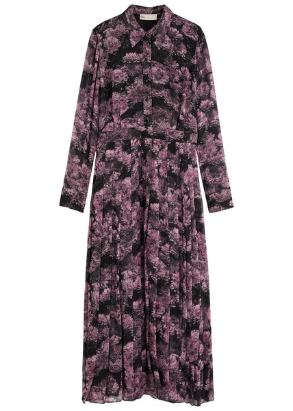 Printed pleated silk shirt dress