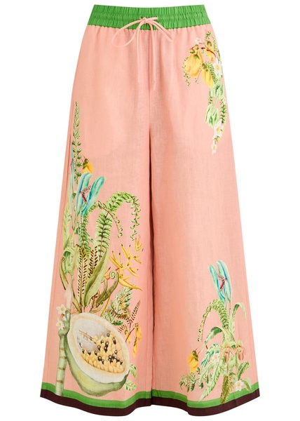Papaya floral-print flax trousers
