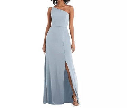 one-shoulder trumpet gown with front slit in blue mist