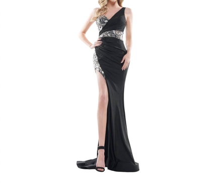 dramatic one shoulder gown in black