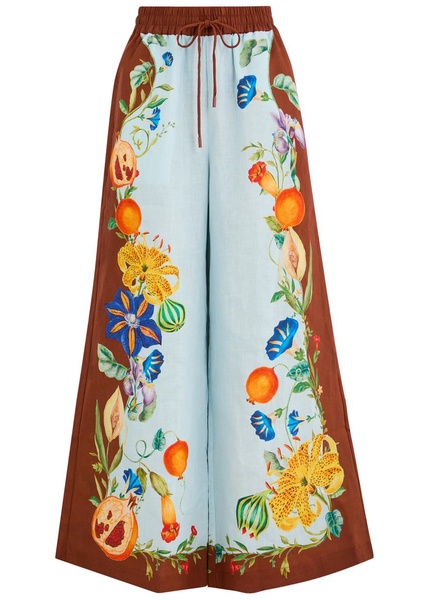 Dahlia printed wide-leg flax trousers