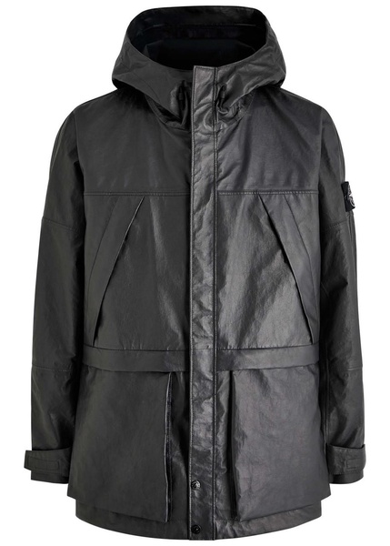 Logo panelled hooded leather jacket
