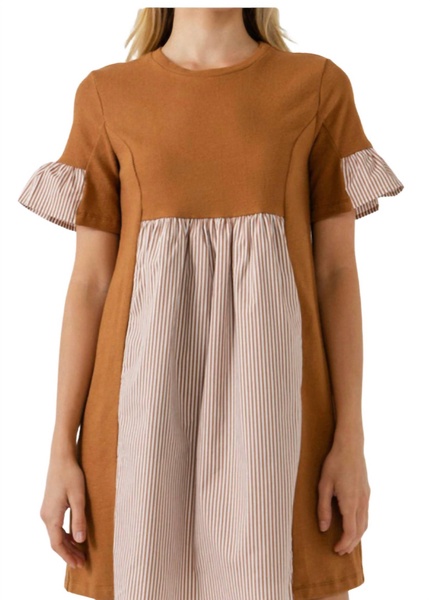 knit striped woven mini dress in burnt orange