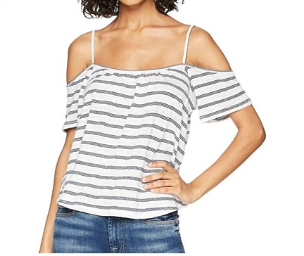 keagan striped linen blend cold shoulder tank top in white/navy