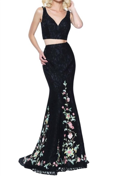 two-piece mermaid prom dress in black/multi