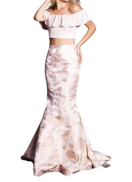 two piece off the shoulder gown in blush/gold
